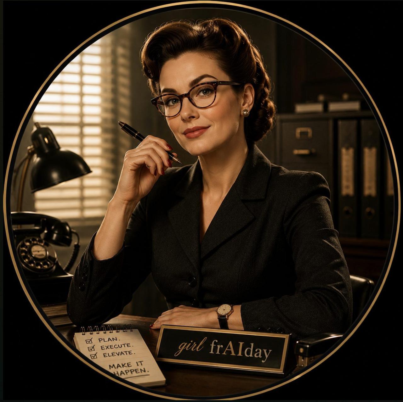 Girl FrAIday™, a polished AI right-hand woman at her desk